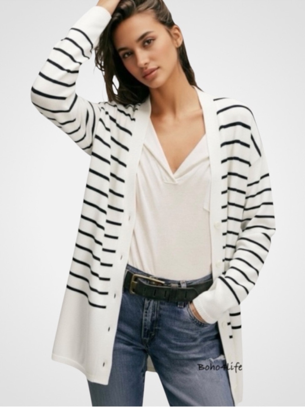 Like New CAbi Turnabout Long Line Cardigan Ivory Black Stripe Generous Small